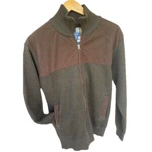 Izod Sweater Jacket Mens L Brown Full Zip Knit Plaid Lined Casual